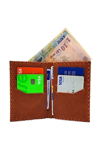 Natty Pell Men's leather wallet Natty Pell brown with orange stitching, handmade