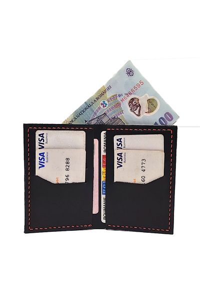 Natty Pell Men's Wallet Natty Pell - Genuine Black Leather with Red Thread, Handmade