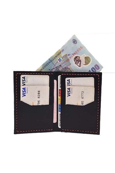 Natty Pell Men's Wallet Natty Pell - Genuine Black Leather with Red Thread, Handmade