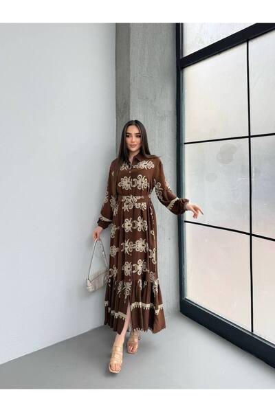 moda paketi Women's Patterned Viscon Belted Tesetür Dress