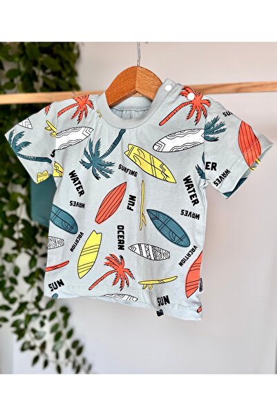 KapsülBebek 100% Cotton Summer 2-Piece Unisex Baby Set – Palm T-Shirt and Green Shorts