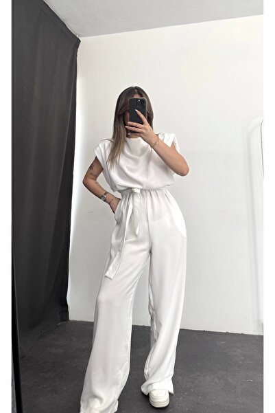 nona butik Padded Crepe Jumpsuit - White