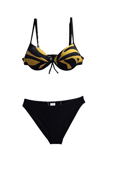 TooHot Women's Black Mustard Detailed Push-Up Patterned Bikini Set