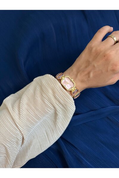 MERW Kontes Model Gold Pembe SAW Detaylı Taşlı Kordon Seri Kadın Kol Saati
