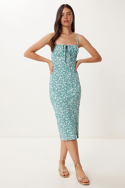 Happiness İstanbul Women's Water Green Floral Slit Summer Knitted Dress CI00029
