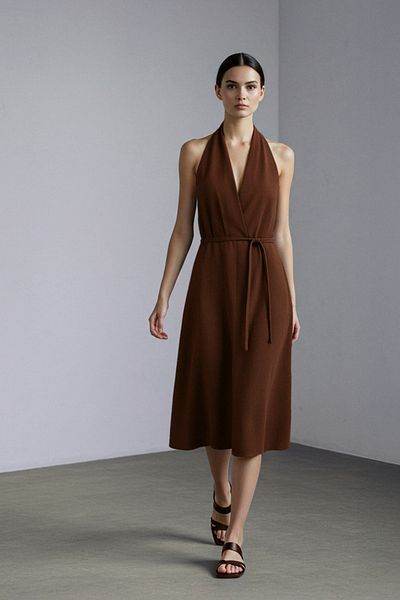 Trendyol Collection Καφέ λινό μείγμα σε γραμμή Α Midi υφαντό φόρεμα TWOSS25EL00706