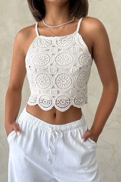 Trendyol Collection Beige Crochet Detailed Crop Woven Blouse Twoss25Bz00579