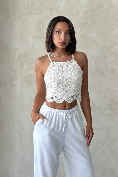 Trendyol Collection Beige Crochet Detailed Crop Woven Blouse Twoss25Bz00579
