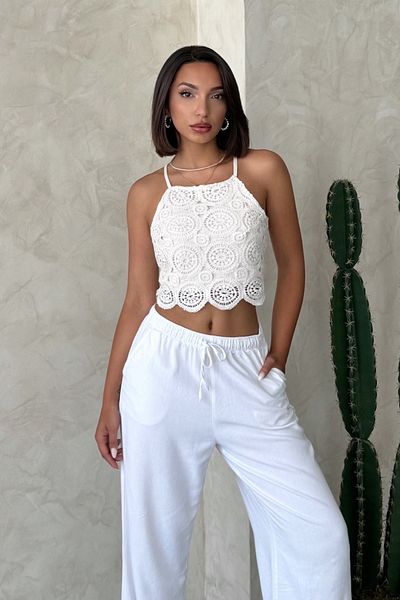 Trendyol Collection Beige Crochet Detailed Crop Woven Blouse Twoss25Bz00579