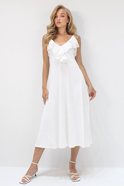 Trend Alaçatı Stili Γυναικείο φόρεμα με λευκό γιακά με λουράκι Midi μήκους ALC-X14239