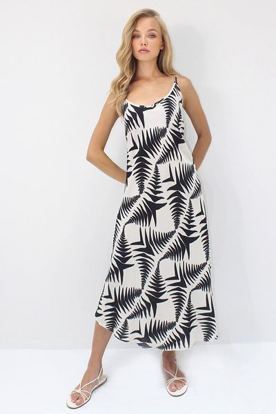 Trend Alaçatı Stili Women's Ecru Black Rope Strap Multicolor Midi Length Woven Viscose Dress Alc-X14197