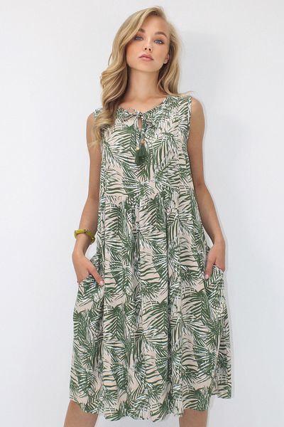 Trend Alaçatı Stili Rochie de damă, verde, cu decolteu, cu șireturi, cu model, cu buzunar dublu, din viscoză, ALC-X14195