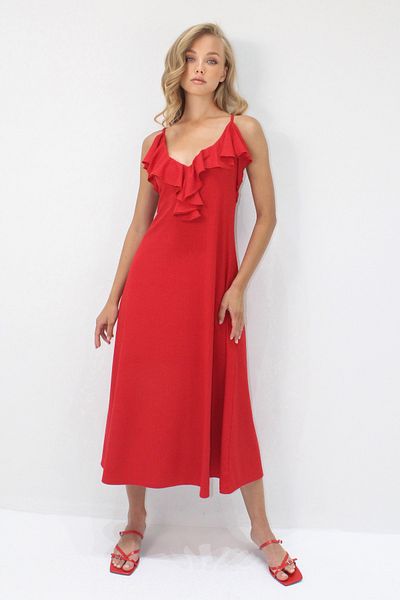 Trend Alaçatı Stili Women's Red Collar Flounced Strap Midi Length Dress Alc-X14239