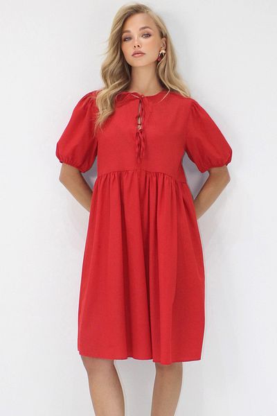 Trend Alaçatı Stili Women's Red Crew Neck Tie Detail Watermelon Sleeve Bidi Boy Poplin Dress Alc-X14222