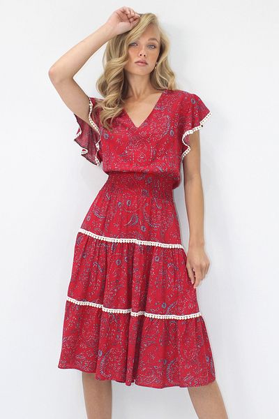 Trend Alaçatı Stili Women's Burgundy V-Neck Ethnic Patterned Fisto Detailed Waist Gipeli Woven Dress Alc-X14094