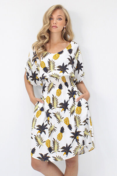 Trend Alaçatı Stili Women's Ecru V-Neck Double Pocket Patterned Waist Gipped Woven Viscose Dress Alc-X14201