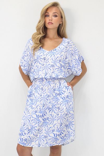 Trend Alaçatı Stili Damen-Kleid aus gewebter Viskose mit V-Ausschnitt und doppelter Tasche, gemusterter Taille, Gipeli, ALC-X14201