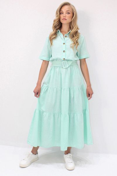 Trend Alaçatı Stili Women's Water Green Shirt Collar Self Belt Maxi Size Linen Dress Alc-X14223