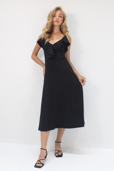 Trend Alaçatı Stili Dámské černé šaty s límečkem a volánkem Midi délka ALC-X14239