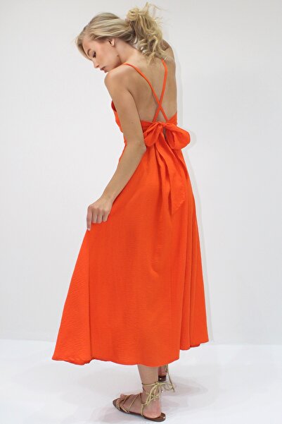 Trend Alaçatı Stili Damska pomarańczowa sukienka letnia z wiązaniem na plecach i długimi rękawami ALC-X13471