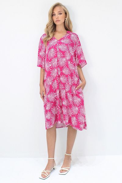 Trend Alaçatı Stili Women's Fuchsia Polo Neck Short Sleeve Patterned Double Pocket Woven Viscose Dress Alc-X14194