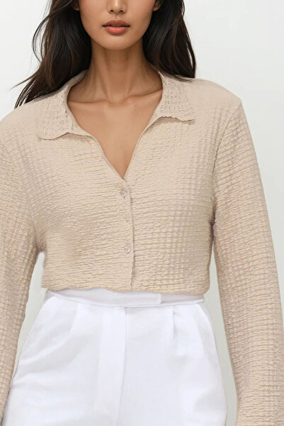 Trend Alaçatı Stili Női bézs V-nyakú spanyol ujjú Seersucker szövet nyári ing ALC-X13459