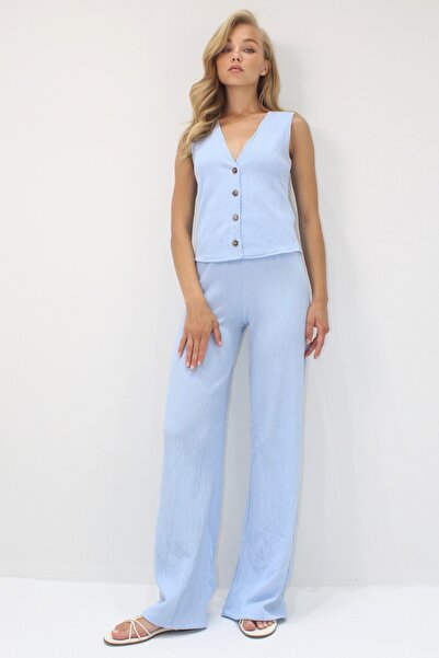 Trend Alaçatı Stili Women's Blue V-Neck Buttoned Vest and Pants Suit Alc-X13583