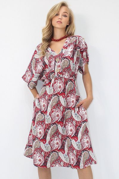Trend Alaçatı Stili Women's Red Front Back V Neck Coconut Button Double Pocket Patterned Woven Viscose Dress Alc-X14205
