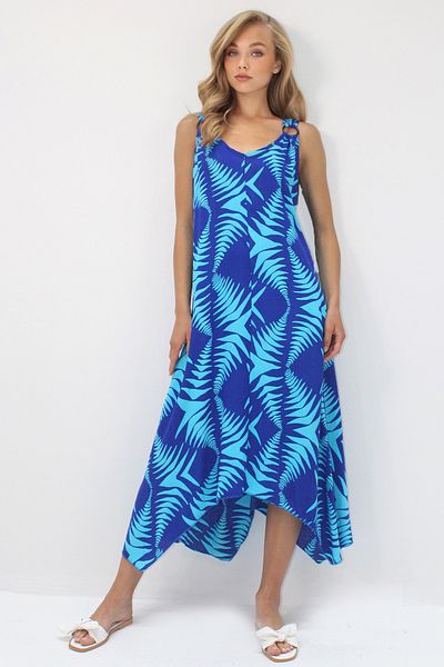 Trend Alaçatı Stili Women's Saks Asymmetric Cut Strap Ring Detailed Comfortable Fit Woven Viscose Dress Alc-X14203