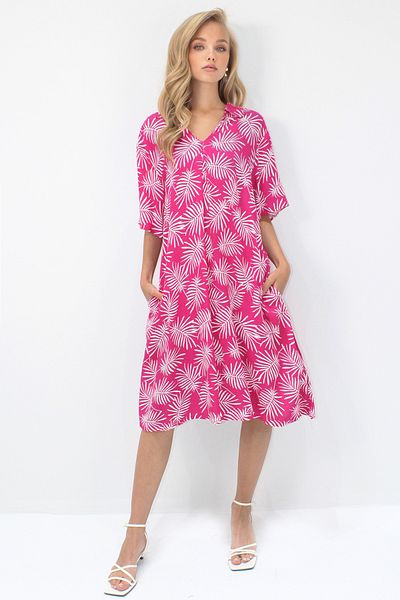 Trend Alaçatı Stili Women's Fuchsia Polo Neck Short Sleeve Patterned Double Pocket Woven Viscose Dress Alc-X14194