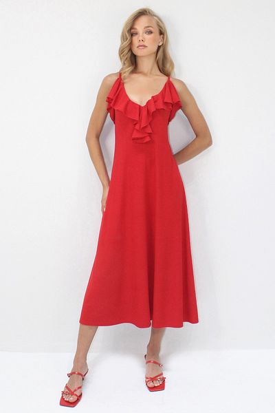 Trend Alaçatı Stili Women's Red Collar Flounced Strap Midi Length Dress Alc-X14239
