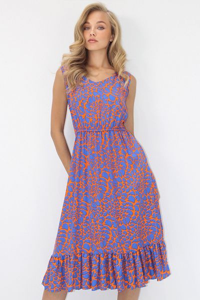 Trend Alaçatı Stili Women's Saks Front Back V-Neck Patterned Skirt Flounced Midi Length Woven Viscose Dress Alc-X14204