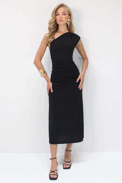 Trend Alaçatı Stili Rochie lungă Sandy cu un singur umăr, neagră, cu croiala asimetrică, ALC-X14167