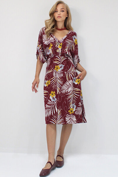 Trend Alaçatı Stili Kadın Bordo Ön Arka V Yaka Coconut Düğmeli Çift Cepli Des...