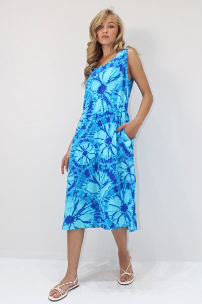 Trend Alaçatı Stili Γυναικείο μπλε λαιμόκοψη με διπλή τσέπη με μοτίβο μπατίκ Φόρεμα μίντι μήκους υφαντό βισκόζη ALC-X14202