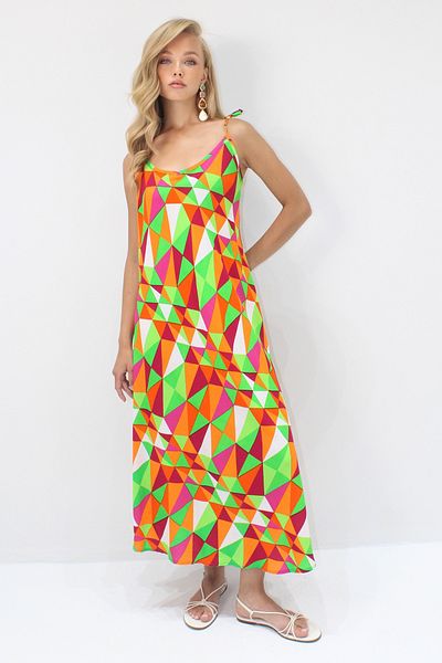 Trend Alaçatı Stili Orangefarbenes Damenkleid mit mehrfarbigem Midi-Kleid aus gewebter Viskose mit Seilriemen ALC-X14197