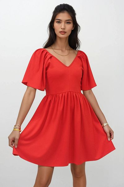 Trend Alaçatı Stili Women's Red Front Back V Neck Short Sleeve Mini Knitted Dress Alc-X14190