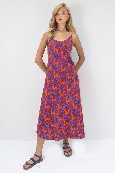 Trend Alaçatı Stili Rochie de damă albastru-portocaliu cu curea de frânghie multicoloră, lungime midi, țesută din viscoză ALC-X14197