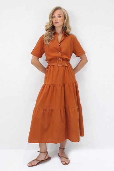 Trend Alaçatı Stili Cămașă pentru femei, cu guler, cu centură, rochie maxi din in ALC-X14223