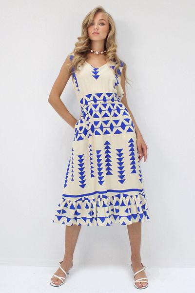 Trend Alaçatı Stili Women's Ecru-Sax Front Back V-Neck Patterned Skirt Flounced Midi Length Woven Viscose Dress Alc-X14204