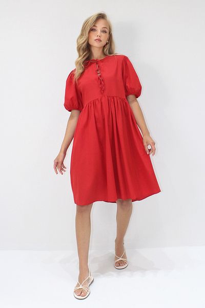 Trend Alaçatı Stili Women's Red Crew Neck Tie Detail Watermelon Sleeve Bidi Boy Poplin Dress Alc-X14222