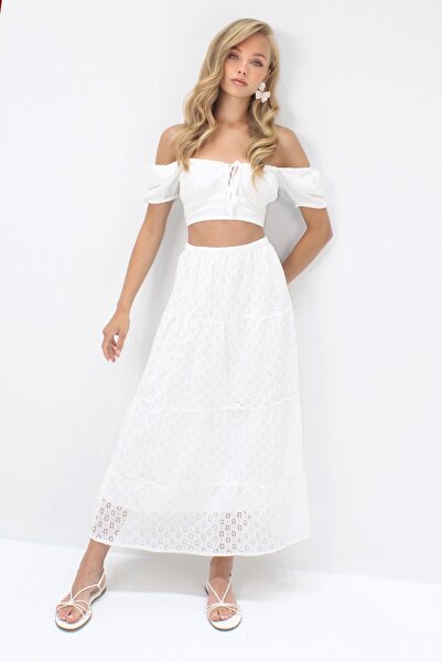 Trend Alaçatı Stili Women's White Katkat Flounce Guipure Premium Skirt Alc-X14141