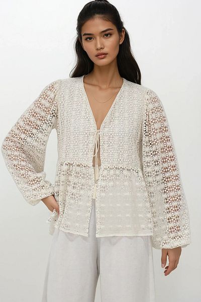 Trend Alaçatı Stili Women's Ecru V-Neck Tie Detail Linen Garnished Premium Blouse Alc-X14193