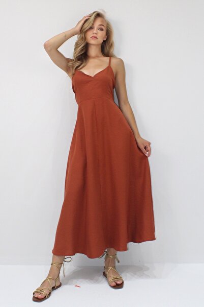 Trend Alaçatı Stili Damska sukienka letnia o długości maxi z paskiem na plecach i wiązaniem na sznurku ALC-X13471