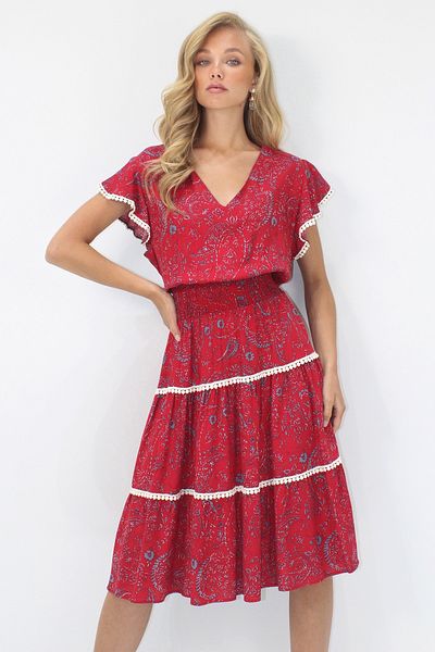 Trend Alaçatı Stili Women's Burgundy V-Neck Ethnic Patterned Fisto Detailed Waist Gipeli Woven Dress Alc-X14094