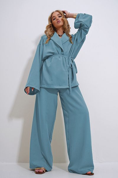 Trend Alaçatı Stili Women's Mint Green Wrinkled Look Blazer Jacket Bottom Top Suit Alc-X12433