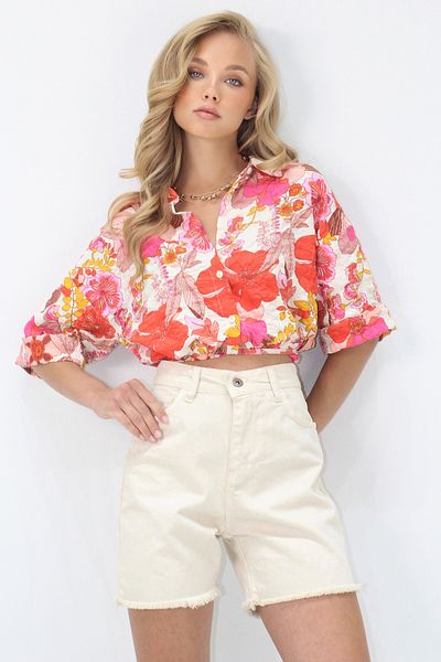 Trend Alaçatı Stili Women's Coral Floral Patterned Double Sleeve Crop Shirt Alc-X14176