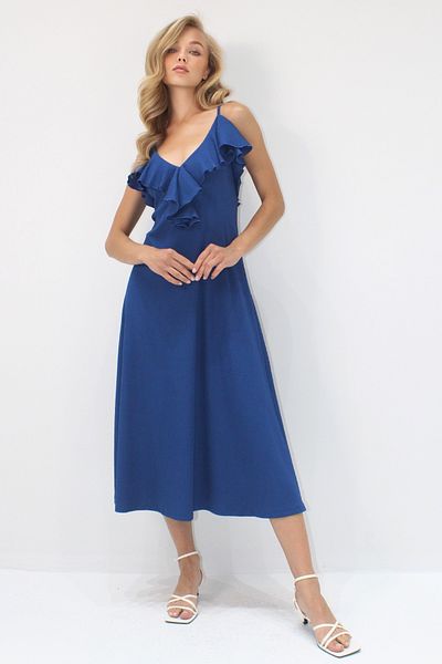 Trend Alaçatı Stili Rochie de damă, albastru petrol, cu guler cu volan, cu bretele, lungime midi ALC-X14239