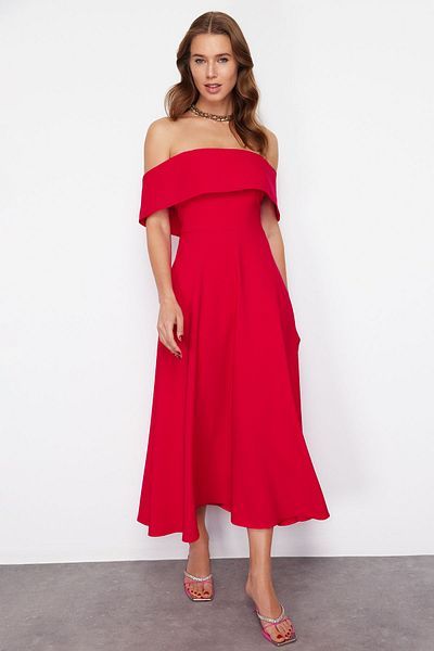 Trendyol Collection Red Collar Detail A-Line Woven Stylish Evening Dress Tprss24El00210
