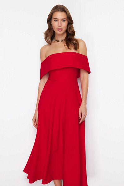 Trendyol Collection Red Collar Detail A-Line Woven Stylish Evening Dress Tprss24El00210